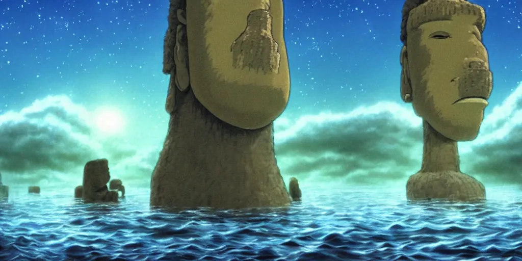 Prompt: a realistic cell - shaded studio ghibli concept art from paprika ( 2 0 0 6 ) of a giant wooly mammoth in a flooded easter island on a misty starry night. very dull colors, wide shot, hd, 4 k, hq