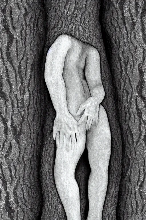 Prompt: negative shape of a human in trunk of a tree