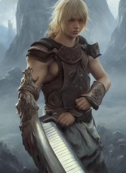 Prompt: upper body portrait of a keyboard warrior from final fantasy live action, holding a keyboard, award winning, masterpiece digital painting by greg rutkowski, alex grey, artstation, 4 k wallpaper,