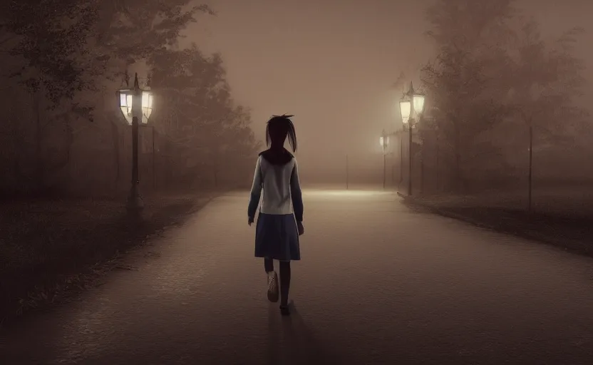 Image similar to school girl walking at night, gloomy and foggy atmosphere, octane render, cgsociety, artstation trending, horror scene, highly detailded