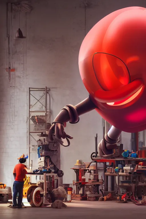 Image similar to workers / mechanic working on mickey mouse giant head, big red glowing netflix logo in behind wall, low cinematic lighting, front lit, beeple, cgsociety, unreal engine, octane render, trending on art station, highly detailed 4 k art, intricate, hyperr realistic