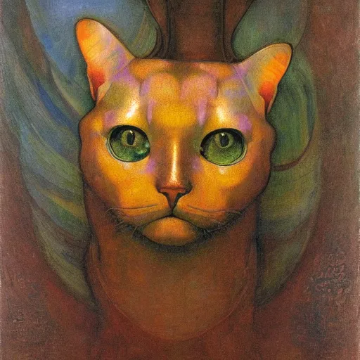 Image similar to masterpiece painting of a mechanical cat head, by annie swynnerton and diego rivera and nicholas roerich and jean delville, symbolist, dramatic lighting, god rays, elaborate geometric ornament, art brut, rich colors, smooth, sharp focus, extremely detailed, adolf wolfli and ( donato giancola )