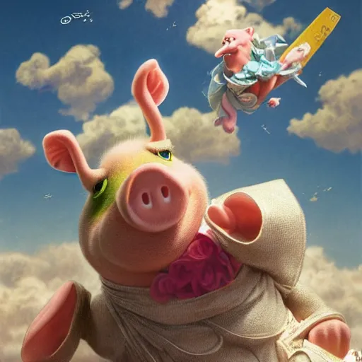 Image similar to cute miss piggy falling from plane, cute and cuddly, highly detailed, photorealistic, octane render, 8 k, unreal engine. art by artgerm and greg rutkowski and alphonse mucha