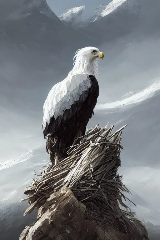 Prompt: portrait of majestic white eagle on his Nest in the mountains, Single face, dramatic lighting, cinematic, establishing shot, extremly high detail, photo realistic, cinematic lighting, post processed, concept art, artstation, matte painting, style by eddie mendoza, raphael lacoste, alex ross