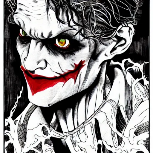 Image similar to The Joker portrait in the style of Junji Ito. Manga. Gothic. Horror. Extremely detailed. 4K.