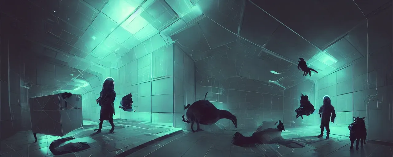 Prompt: duotone noir scifi concept dynamic illustration of 3 d mesh of cat inside box zero gravity glowing 3 d mesh quantum portals, glowing eyes, octane render, surreal atmosphere, volumetric lighting. accidental renaissance. by sachin teng and sergey kolesov and ruan jia and heng z. graffiti art, scifi, fantasy, hyper detailed. trending on artstation