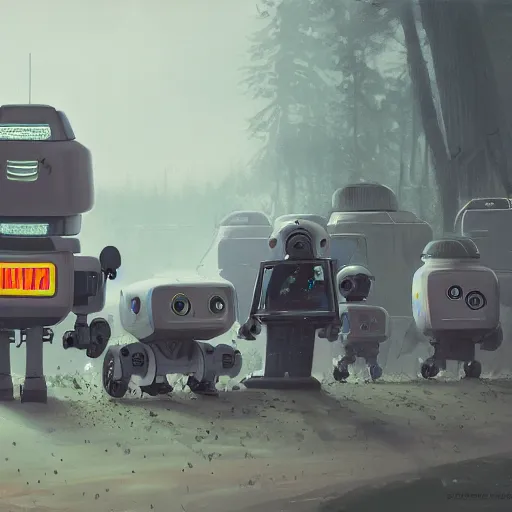 Image similar to viktor orban protecting people from robots in a painting from stalenhag, 4 k, 8 k, hdr, artstation, concept art