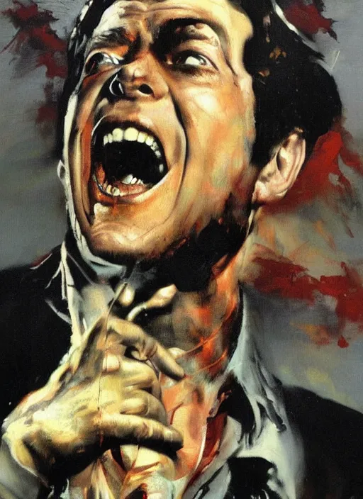 Image similar to bill o'reilly screaming, painting by phil hale, fransico goya,'action lines '!!!, graphic style, visible brushstrokes, motionb blur, blurry, visible paint texture, crisp hd image