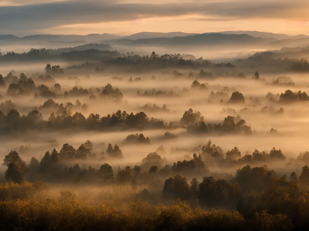 Prompt: landscape photography of foggy morning over the hills, golden hour, hyper realistic,