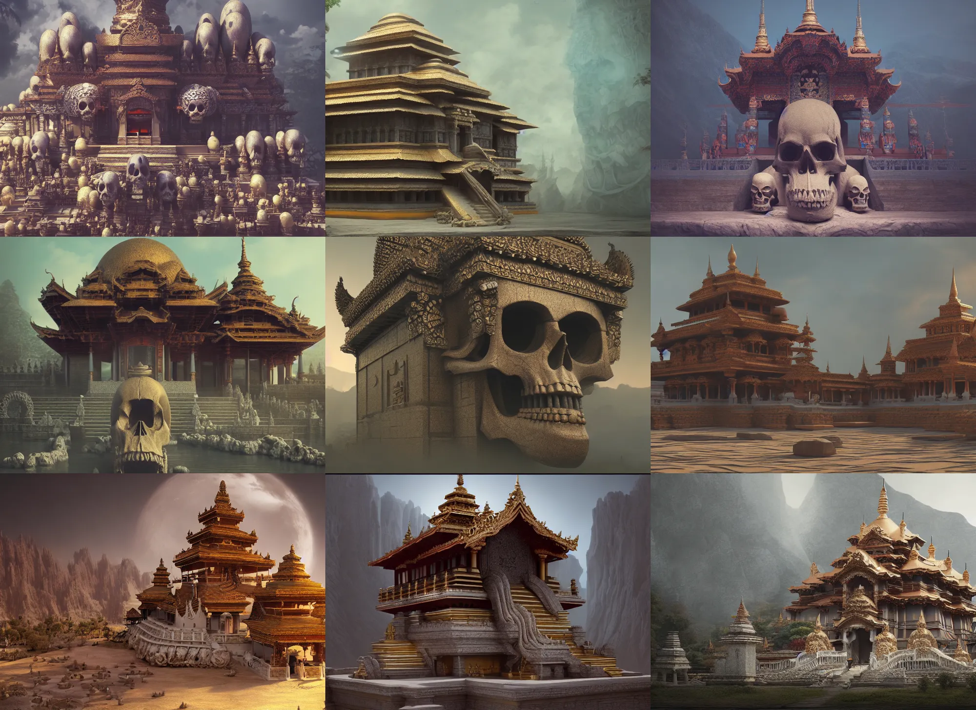 Prompt: skull - shaped buddhist temple, matte painting, 4 k, masterpiece, digital art, octane render, trending on artstation