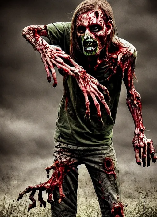 Prompt: zombie posing for a photographer, hyperrealism, intricate detailed, breezy environment, naturalist