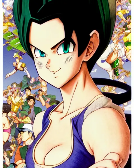 Prompt: ' videl from dbz ', beautiful shadowing, 3 d shadowing, reflective surfaces, illustrated completely, 8 k beautifully detailed pencil illustration, extremely hyper - detailed pencil illustration, intricate, epic composition, masterpiece, bold complimentary colors. stunning masterfully illustrated by artgerm, range murata, alphonse mucha, katsuhiro otomo.