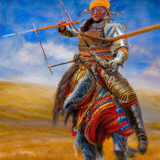 Prompt: mongolian warrior from ancient lands of taran shooting arrows from his horse, highly detailed, ultrawide lens, impressionism, chiaroscuro