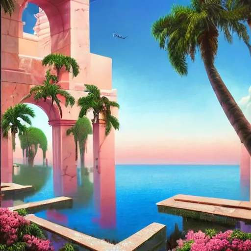 Prompt: masterpiece, hyperrealistic surrealism, award winning masterpiece with incredible details, epic stunning, infinity pool, a surreal vaporwave liminal space, highly detailed, trending on ArtStation, broken giant marble head statue ruins, calming, meditative, pink arches, flowing silk sheets, palm trees, very vaporwave, very very surreal, sharp details, artgerm and greg rutkowski and alphonse mucha, daily deviation, IAMAG, geometric dreamscape