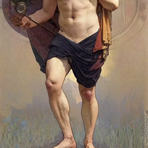 Image similar to ultra realistic illustration of apollo and hyacinthus, full body, male body, elegant study, poster art greg rutkowski and alphonse mucha