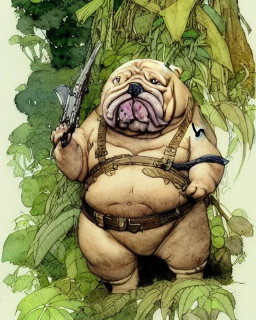 Prompt: a realistic and atmospheric watercolour fantasy character concept art portrait of a fat adorable chibi bulldog soldier in the jungle, by rebecca guay, michael kaluta, charles vess and jean moebius giraud