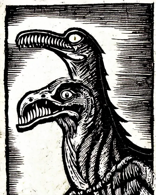 Prompt: b & w woodcut of a velociraptor from the nuremberg chronicle, 1 4 9 3, restored, hq scan