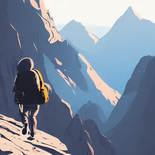 Prompt: person with hoodie walking up a mountain with a backpack that has katanas on the sides by ilya kuvshinov, amazing composition, astonishing detail, smooth lines, beautiful scenery