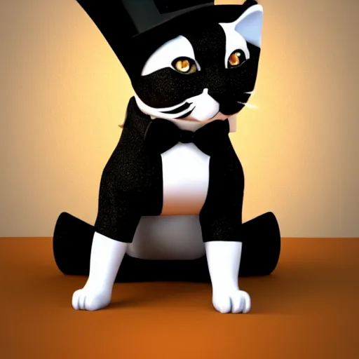 Image similar to a cat wearing a top hat and a bow tie, an ambient occlusion render by anne stokes, polycount contest winner, new objectivity, daz 3 d, rendered in maya, sketchfab