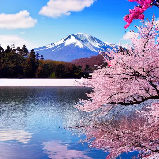 Image similar to forest and lakes with Sakura flowers with snow mountains at the background