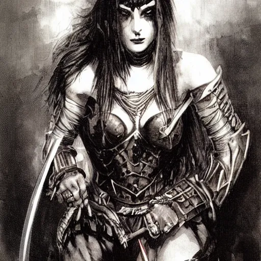 Image similar to portrait of a goth emo girl wearing armor and holding sword by frank fazetta simon bisley, fantasy, barbarian