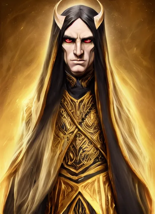 Prompt: beautiful male high elf, black and gold robes, sinister stare, realistic, long silver hair, trending on artstation