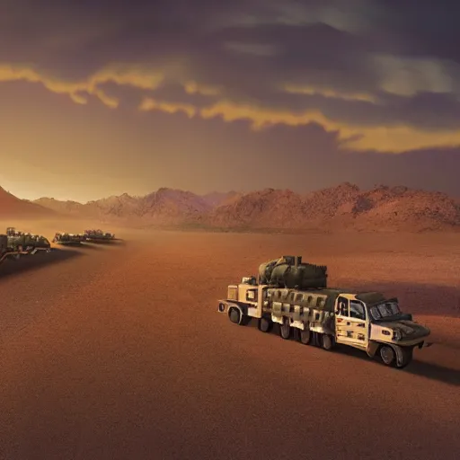 Prompt: military convoy driving through Namibia in the golden hour, long shadows, digital painting by Mike Winkelmann