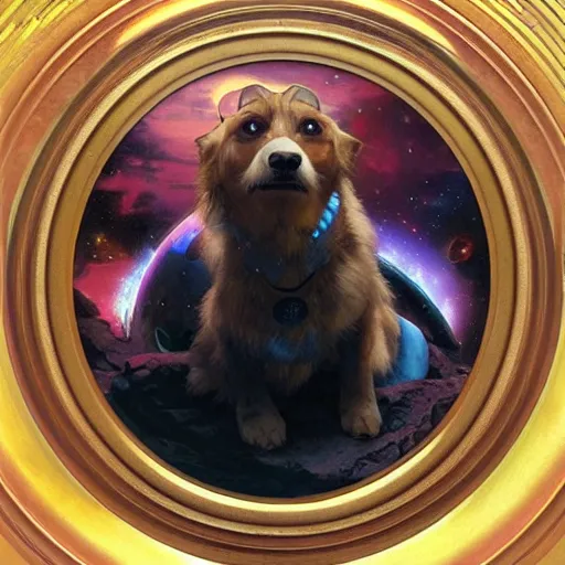Image similar to realistic heroic picture of Laika the space dog, in a circle frame, art by Artgerm and Greg Rutkowski and Alphonse Mucha