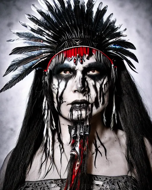 Image similar to lady native sisters ghost - spirit of the grim - warpaint wears the scarlet skull armor and native blood headdress feathers, midnight fog - mist!, cinematic lighting, various refining methods, micro macro autofocus, ultra definition, award winning photo, photograph by ghostwave - gammell - giger - shadowlord