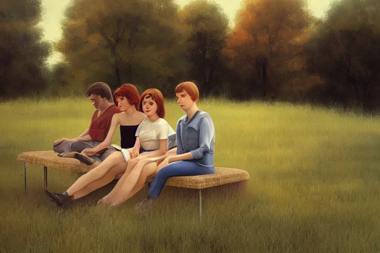 Image similar to beautiful painting of friends sitting on the edge, cute, soft light, digital painting by diane arbus and ralph mcquarrie and harry bertoia octane render