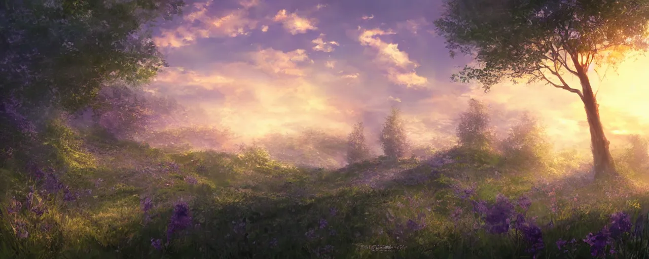 Image similar to a beautiful landscape of a sunset violet evergarden style, concept art, digital art