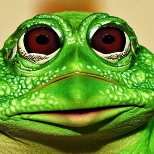 Image similar to pepe green frog big head cute eyes fantasy action scene photo