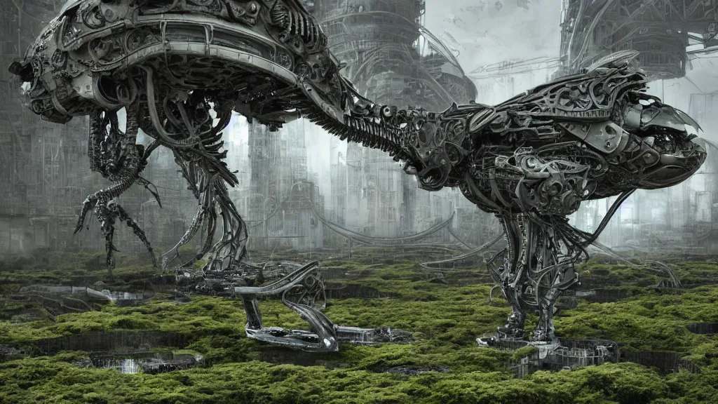 Prompt: organic mechanical metal osprey aircraft, giger influenced with ornate intricate details, landed on futuristic brutalist concrete heliport, ornate buildings covered with green moss, vines and blue foliage, with cyborg female soldiers in the foreground wearing stealth transparent clothing, daytime, wet floor on streets, matte painting, unreal engine, cinematic camera, bloom, mirrors edge