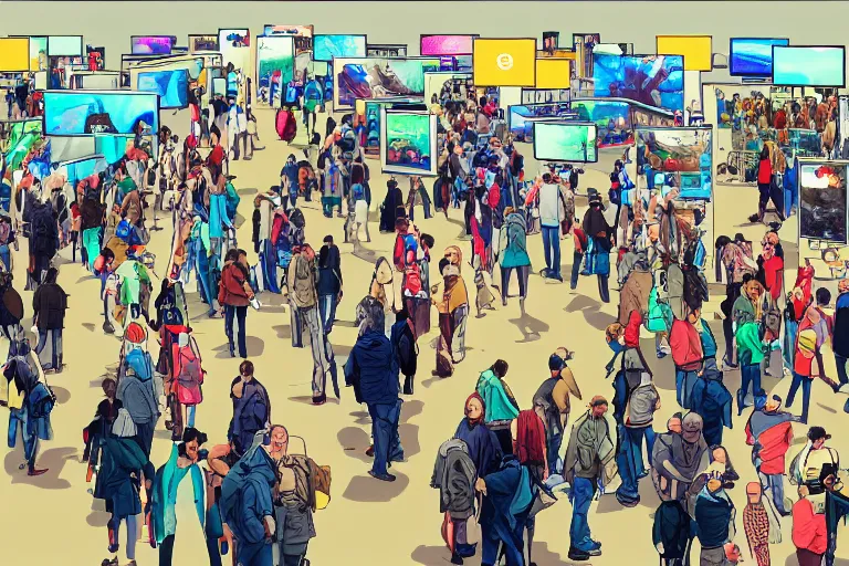 Image similar to people visiting crypto art market in the future, rennaisance, people, gallery, cable, akira, bright colors, concept art