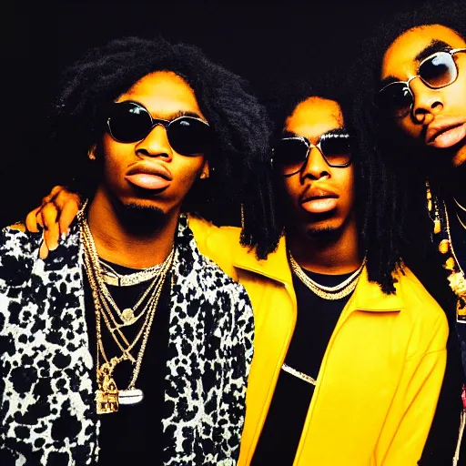 Image similar to Migos as Nirvana Polaroid photograph, annie leibovitz, detailed, XF IQ4, 150MP, 50mm, F1.4, ISO 200, 1/160s, natural light, Adobe Lightroom, photolab, Affinity Photo, PhotoDirector 365,