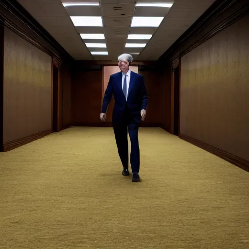 Image similar to Jerome Powell lost in the backrooms, old moist carpet, mono-yellow, fluorescent lights, randomly segmented rooms, eerie