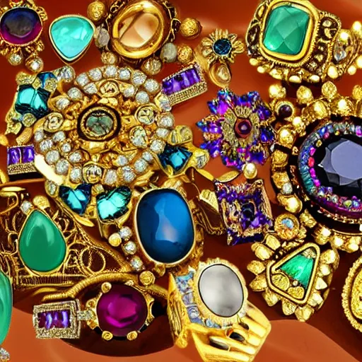 Prompt: the jewelpunk aesthetic, realism, jewel tones, handsome man, everyone wears jewelry with glowing precious stones , analogous colors, moderate saturation