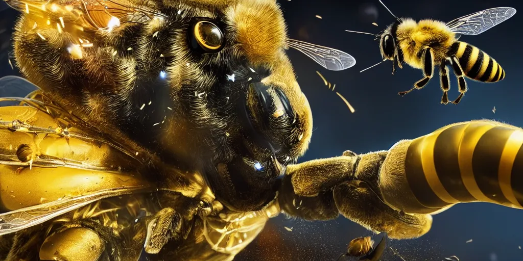 Prompt: God as a bee , realistic 4k octane beautifully detailed render, 4k post-processing, highly detailed, intricate complexity, epic composition, magical atmosphere, cinematic, hyper realistic, lighting, masterpiece, ultra hd