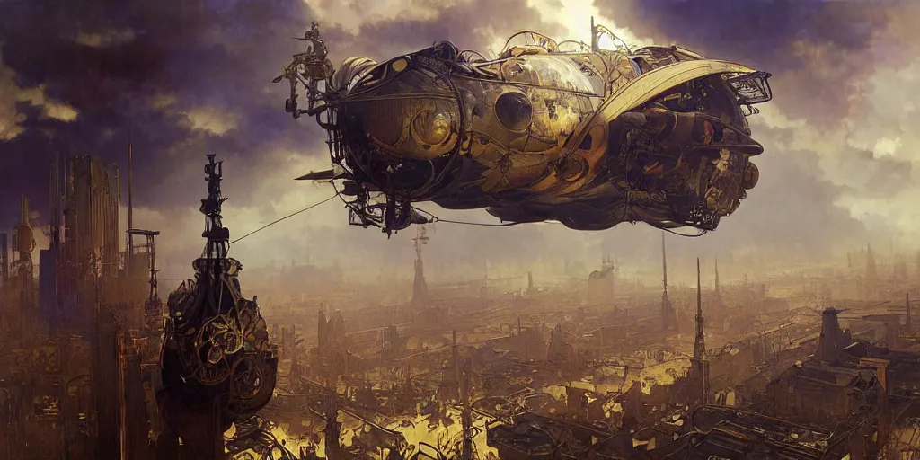 Image similar to a steampunk airship emerges over the horizon of a bladerunner city, artwork by alphonse mucha, darek zabrocki, dramatic lighting, long shadows, brushstrokes, paper texture.