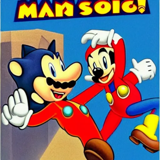 Image similar to 1940s disney film about super mario and sonic the hedgehog