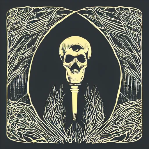 Image similar to dark death metal themed vector illustration for a record label, trees. forest, spikes, skull, microphone, skull, award winning, grunge, iconic, golden ratio