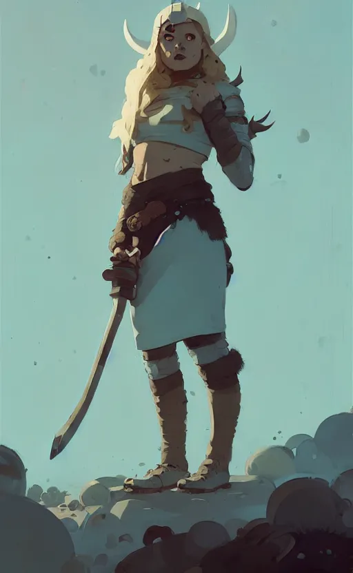 Prompt: female viking by atey ghailan, by greg rutkowski, by simon stalenhag, by greg tocchini, by james gilleard, by joe fenton, by kaethe butcher dynamic lighting, gradient light blue, brown, blonde cream and white color scheme, grunge aesthetic