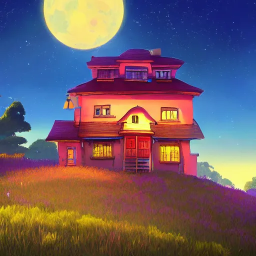 Image similar to beautiful 3 d painting of a colourful house on a hilltop at midnight with small fireflies flying around, in the style of studio ghibli, artstation, unreal engine