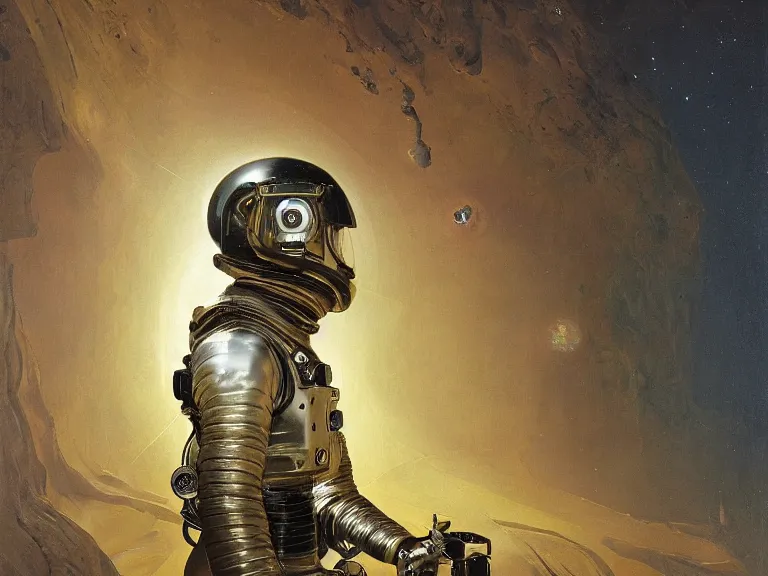 Image similar to a detailed profile oil painting of an explorer in a spacesuit with reflective helmet, flight suit, portrait symmetrical and science fiction theme with aurora lighting by beksinski carl spitzweg and tuomas korpi. baroque elements, full-length view. baroque element. intricate artwork by caravaggio. Trending on artstation. 8k