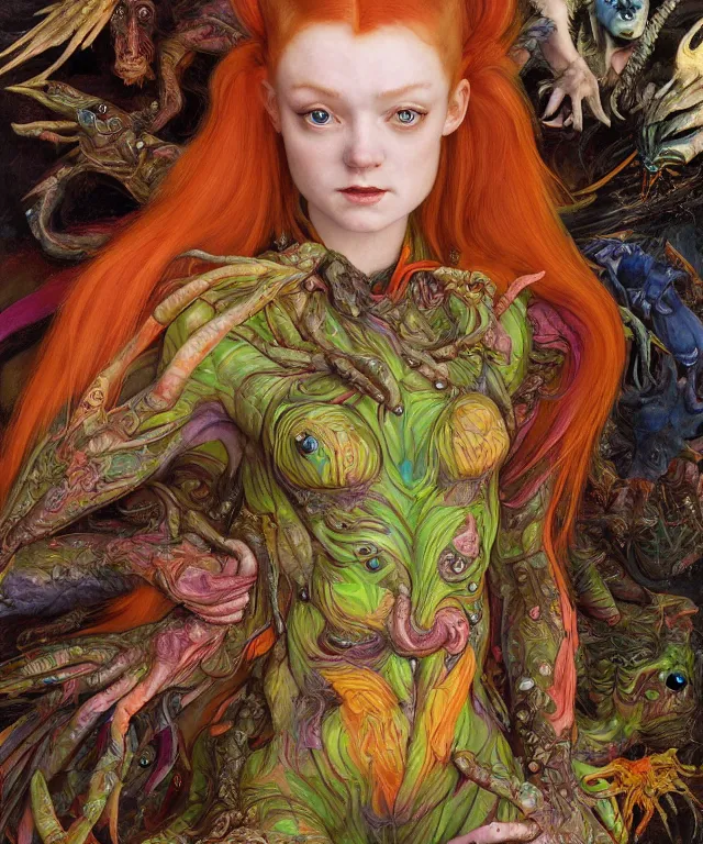 Prompt: a portrait photograph of a colorful alien harpy succubus super villian with amphibian skin and animal paws. she looks like sadie sink and is being wrapped in a colorful slimy organic membrane catsuit. by donato giancola, hans holbein, walton ford, gaston bussiere, peter mohrbacher. 8 k, cgsociety, fashion editorial