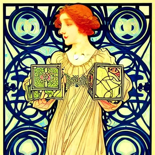 Prompt: beautiful art nouveau painting of companion - cube!!!!!!!!!!!!!!!!! companion - cube!!!!!!!!!!!!!!!!!, by william morris, mucha, gaudy colors. intricate linework. sharp edges.