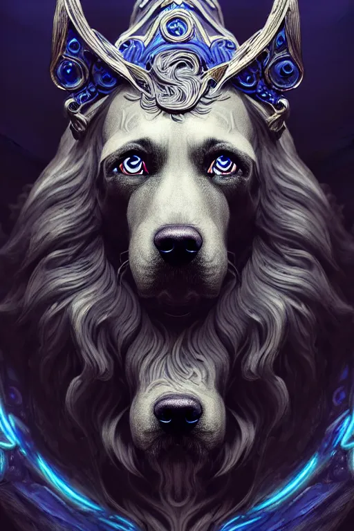 Image similar to dog as a god with flowing hair and blue eyes, very detailed face, detailed features, fantasy, circuitry, explosion, dramatic, intricate, elegant, highly detailed, digital painting, artstation, concept art, smooth, sharp focus, illustration, art by gustave dore, octane render, mucha,