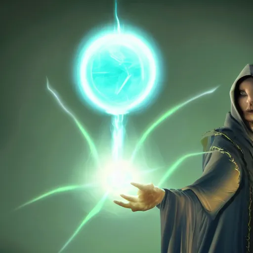 Image similar to a warlock is casting a magic spell, while a few small magic orb is floating nearby, the magic orb emit a blueish vapour, dynamic pose, chromatic aberration , medium level shot, Grim fantasy, illustration ,digital art, concept art,