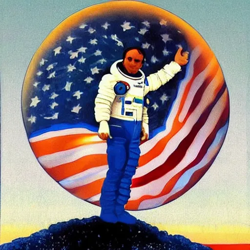 Prompt: A beautiful painting of a astronaut standing on a planet with a flag in the background. white, Indian by Howard Pyle, by Cory Arcangel, by Satoshi Kon fantastic, eclectic