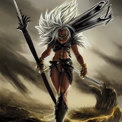 Image similar to realistic art style, warrior girl, wild spiky black saiyan hair, long spiky hair, electrified hair, holding scimitar made of bone, scimitar, sword, jagged sword, curved sword, orkish sword, colorized, gray skin, hyper - detailed, primeval fantasy, prehistoric fantasy, art by jacques - louis david